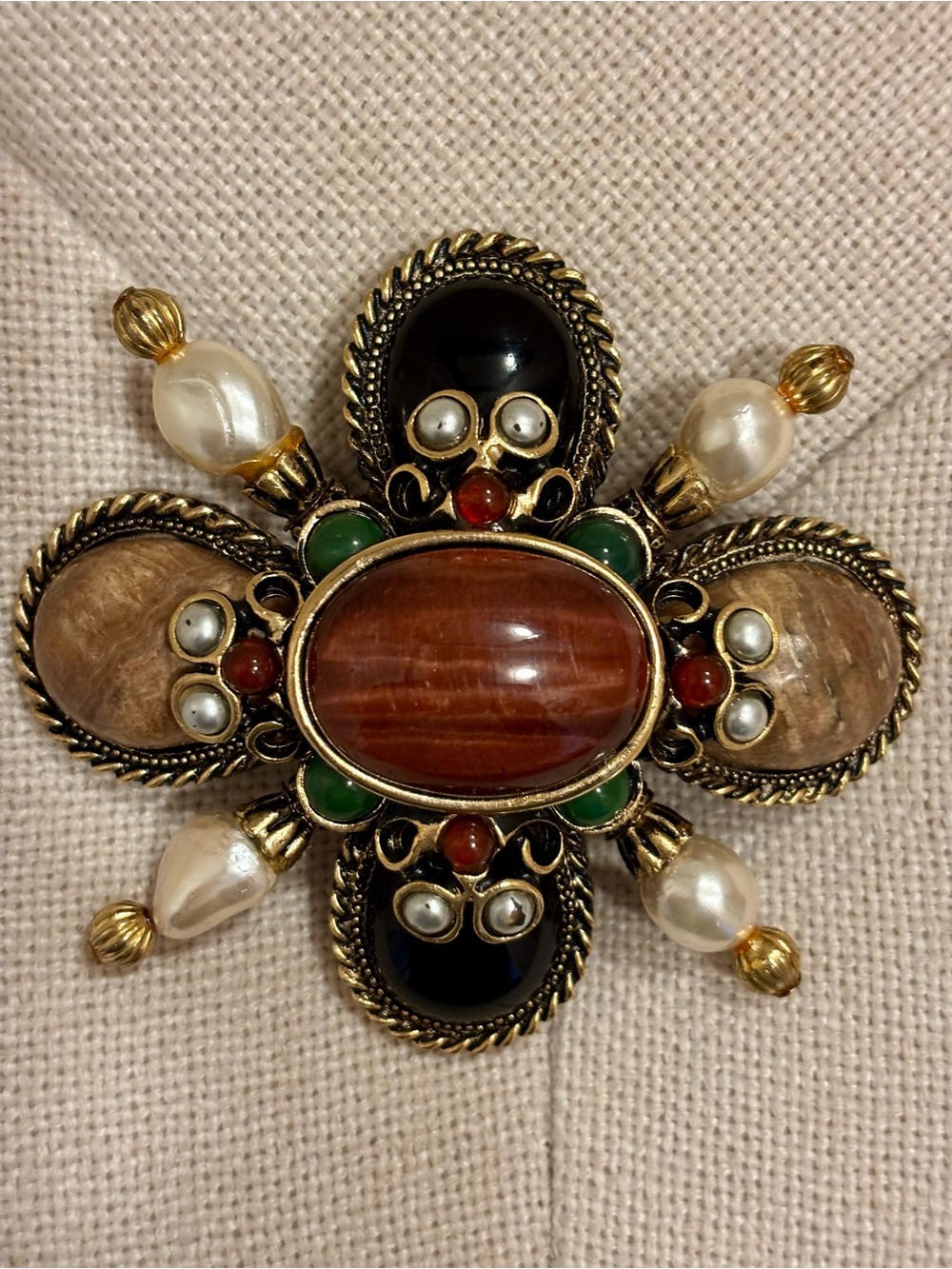 Gold-Tone Multistone Floral Brooch - Brown, Black, Green, Pearl
